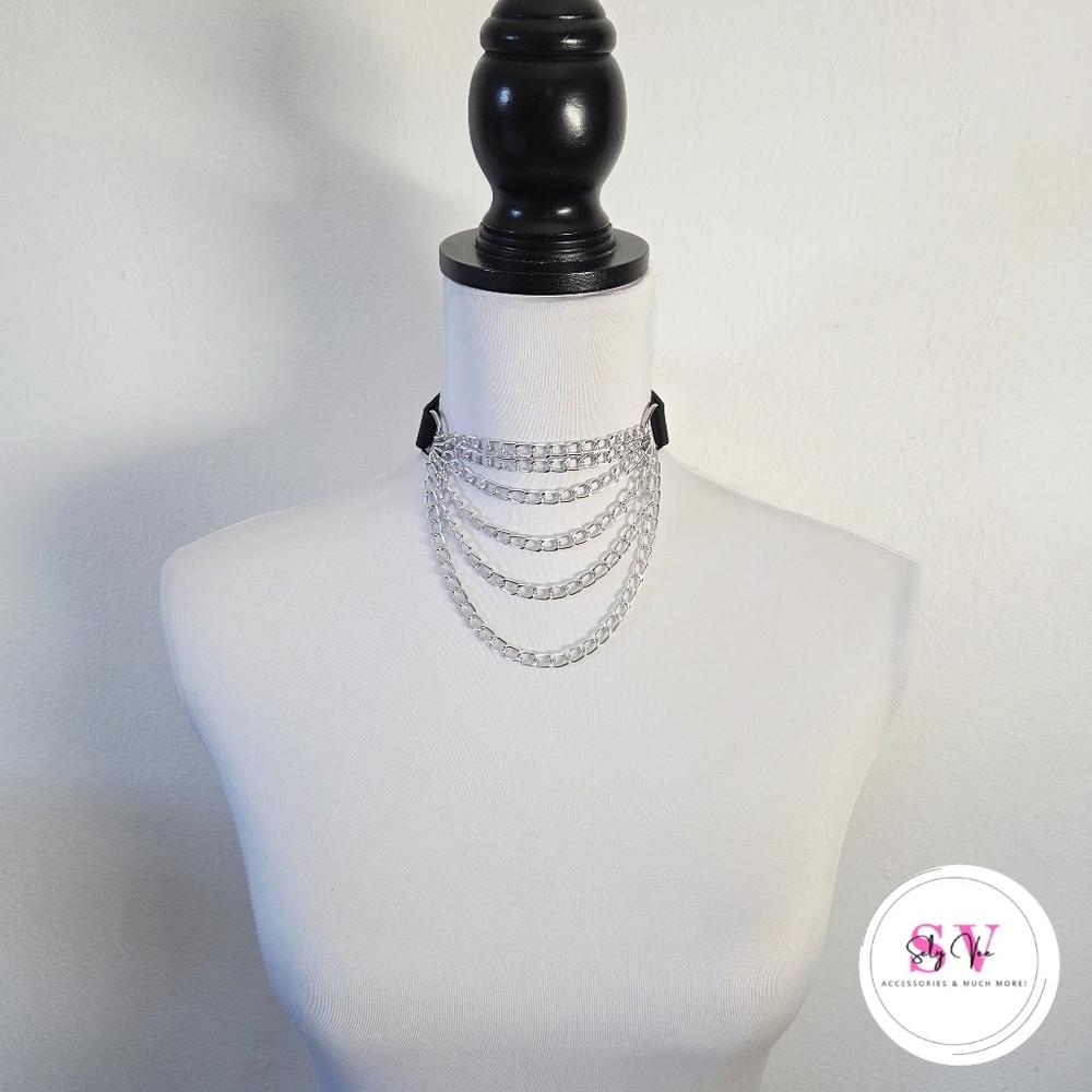 Silver chain choker with faux black leather strap